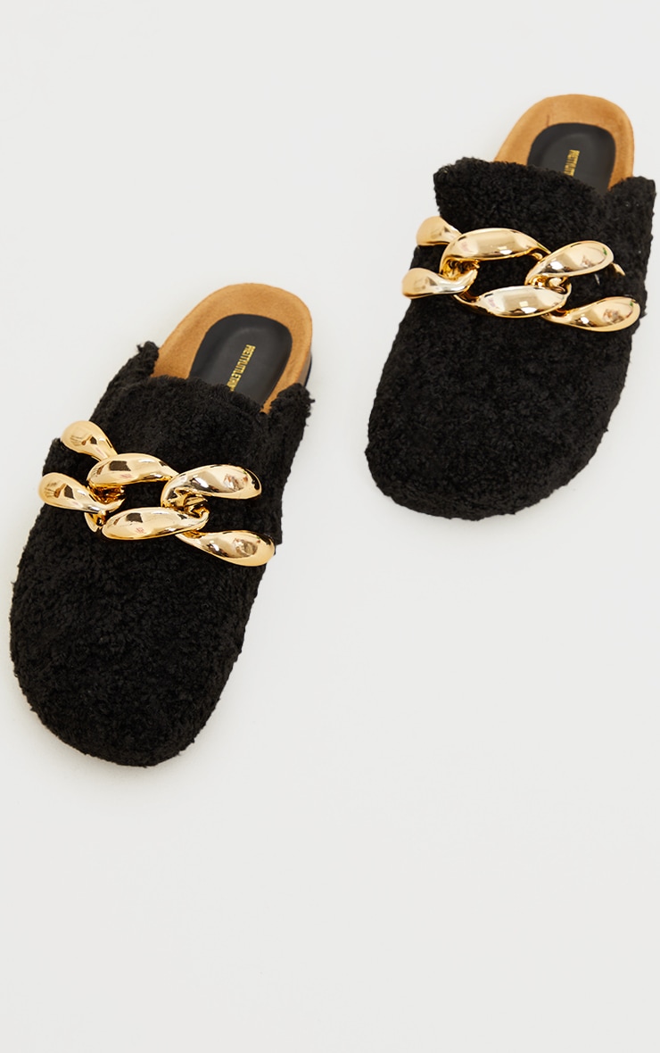 Black Faux Shearling Chunky Chain Mules PrettyLittleThing