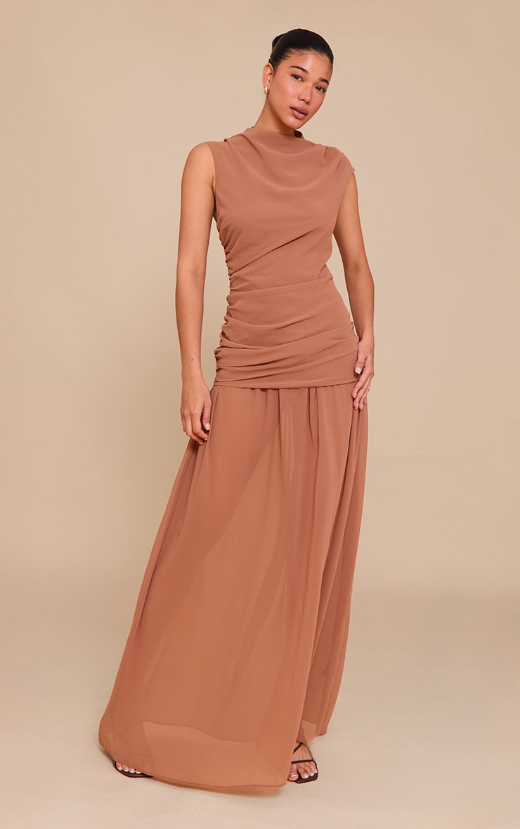 Mocha Chiffon Ruched Dropped Waist Sleeveless Maxi Dress image 1