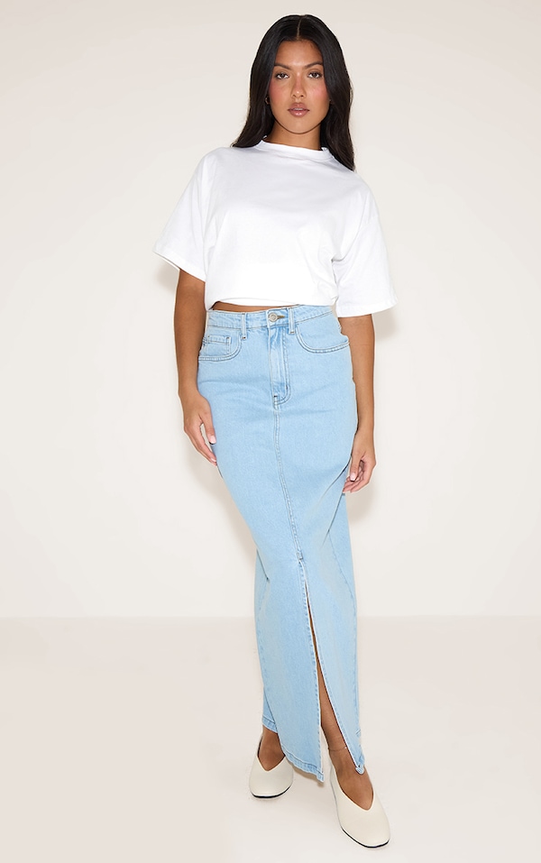 Light Blue Split Denim Maxi Skirt