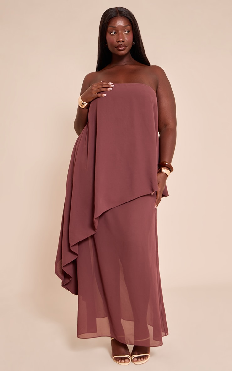 Plus Chocolate Chiffon Bandeau Overlay Maxi Dress image 1
