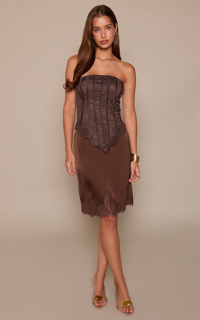 Chocolate Satin Lace Detail Midi Skirt