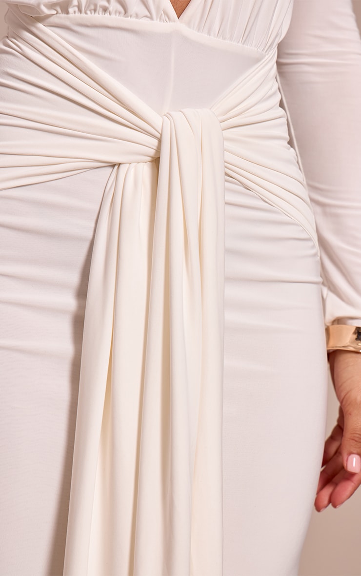 Petite Cream Double Layer Slinky Long Sleeve Ruched Tie Front Maxi Dress image 4