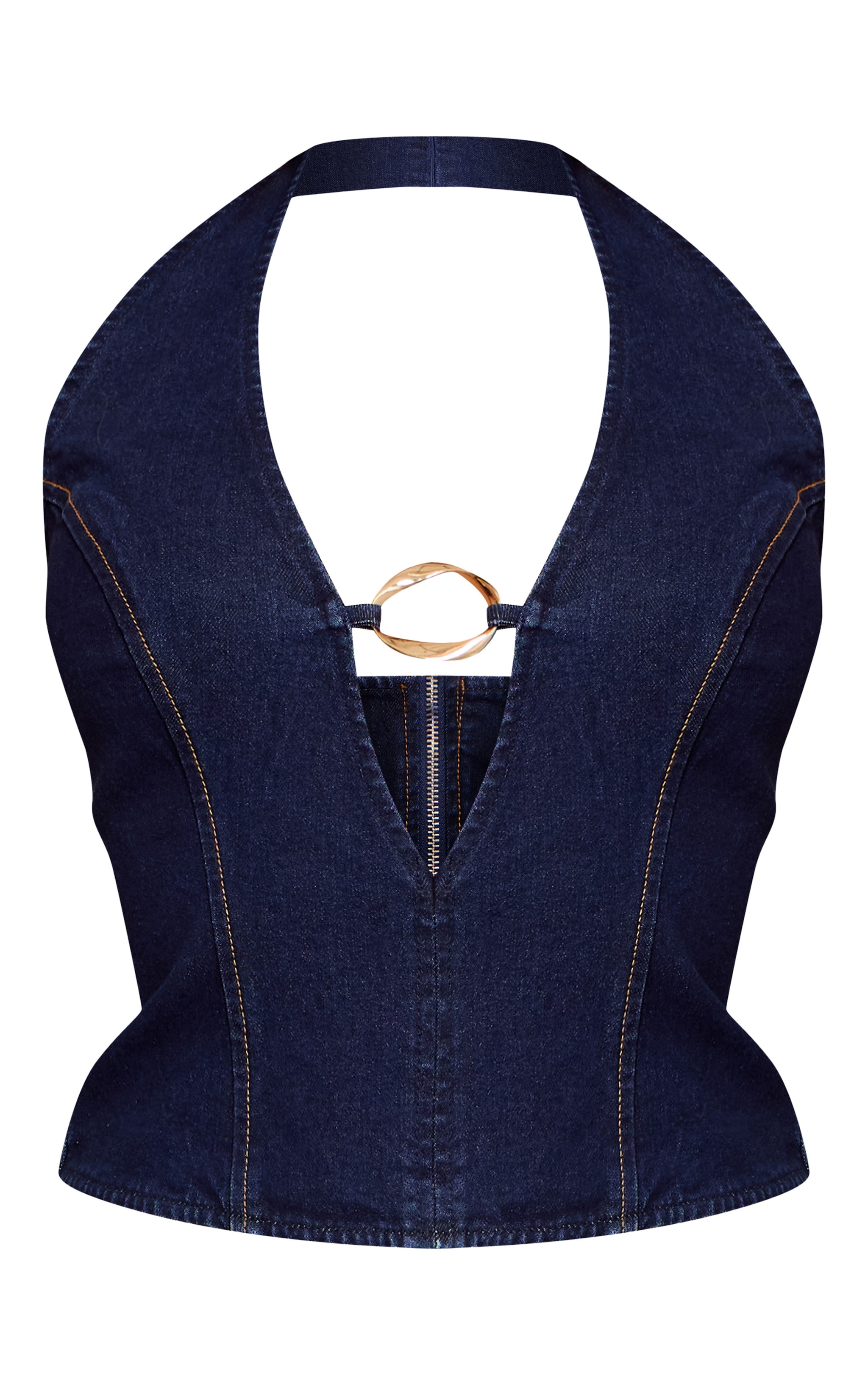 Indigo Gold Trim Plunge Detail Denim Top image 5