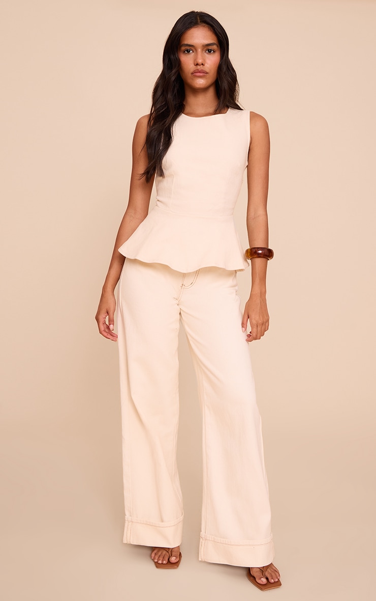  Ecru Boatneck Peplum Sleeveless Denim Top image 3