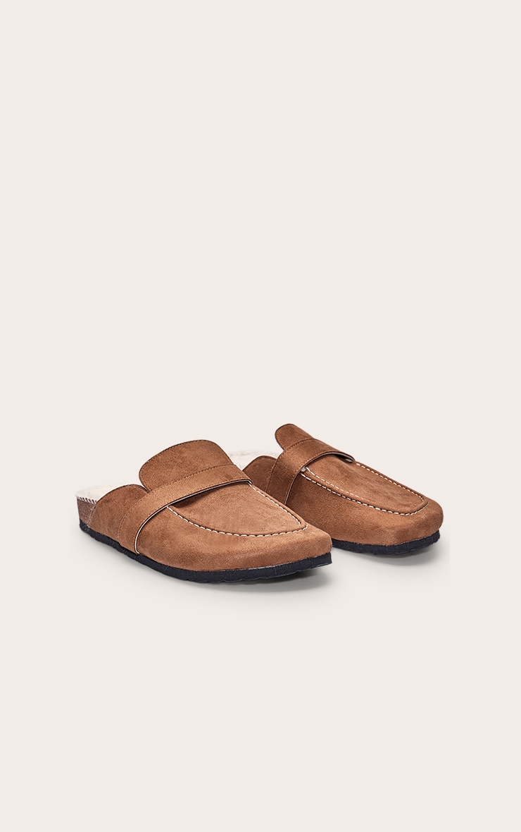 Tan Faux Suede Faux Fur Lined Mules image 3