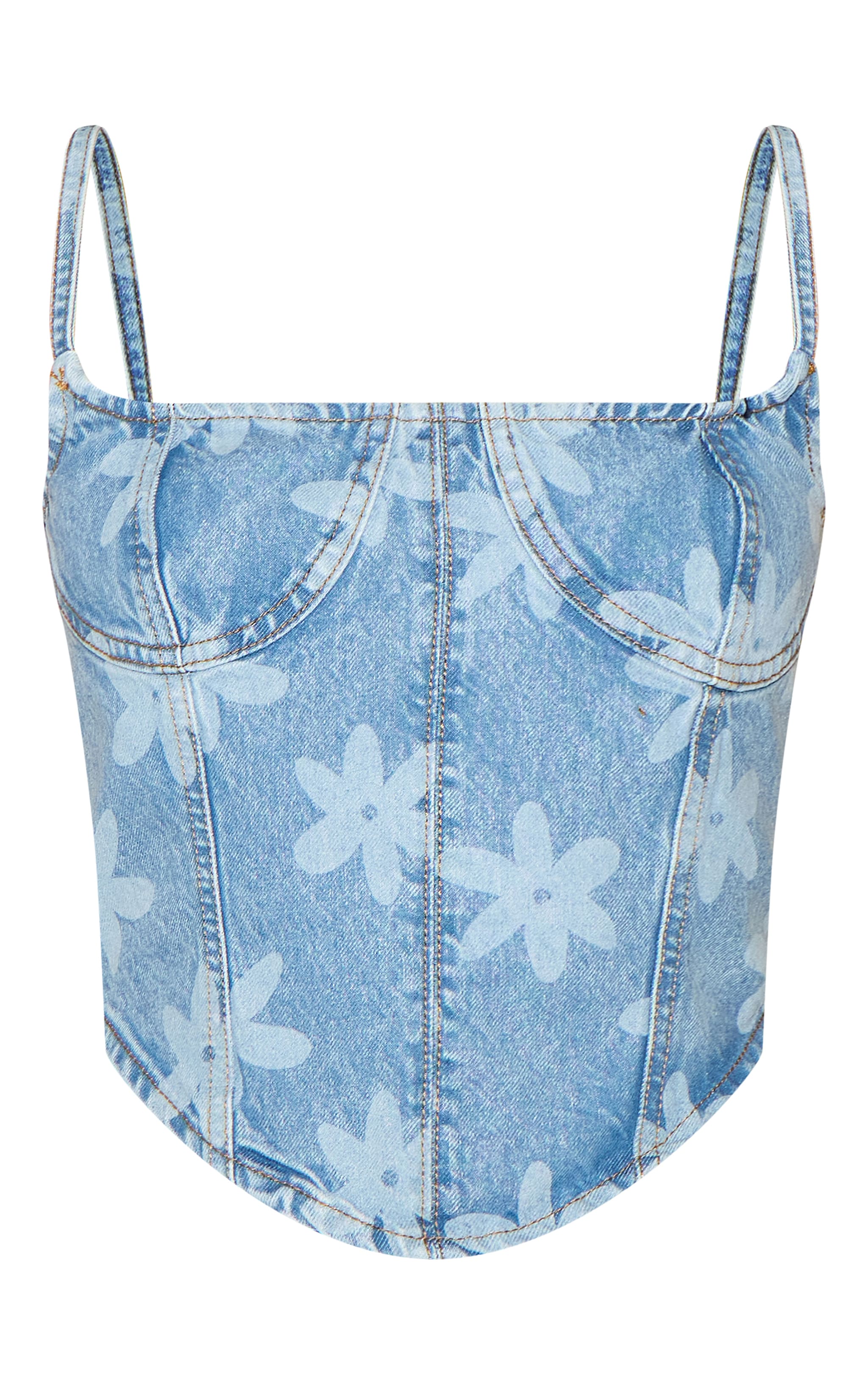 Light Blue Wash Floral Print Denim Corset Top image 5