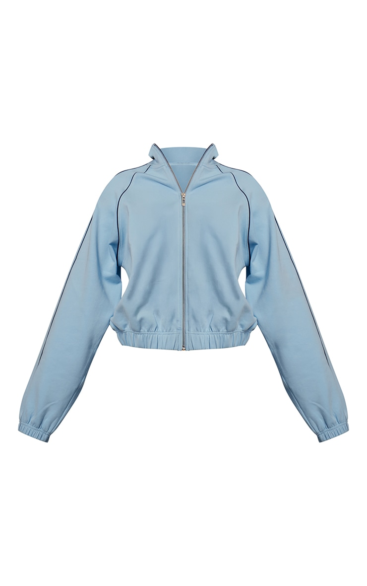 Blue Interlock Contrast Piping Bomber Sweatshirt image 5