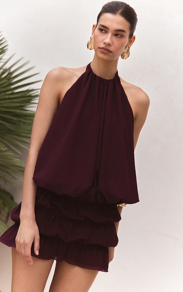 Dark Plum Chiffon Halterneck Top