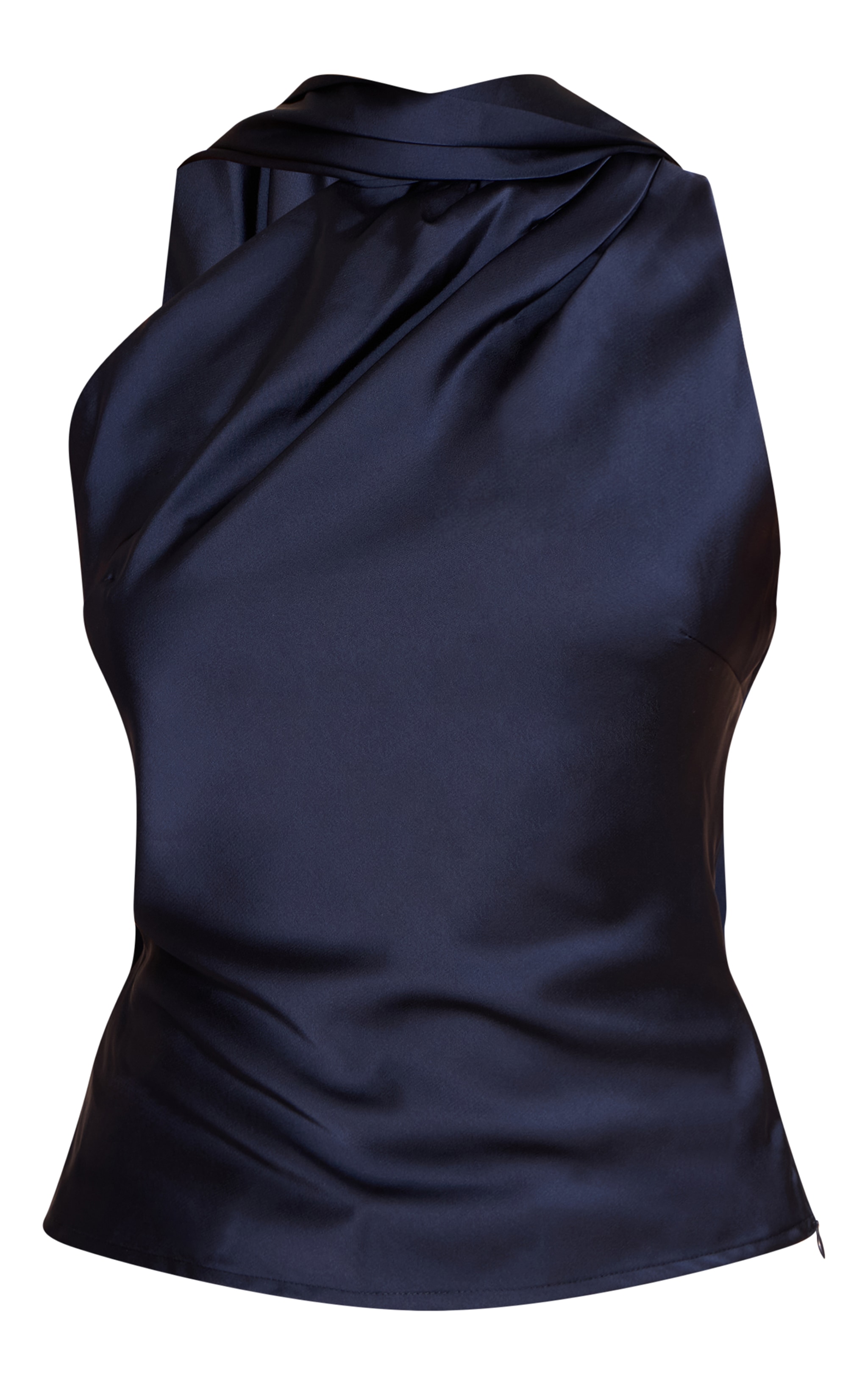 Navy Satin Asymmetric Scarf Detail Top image 5