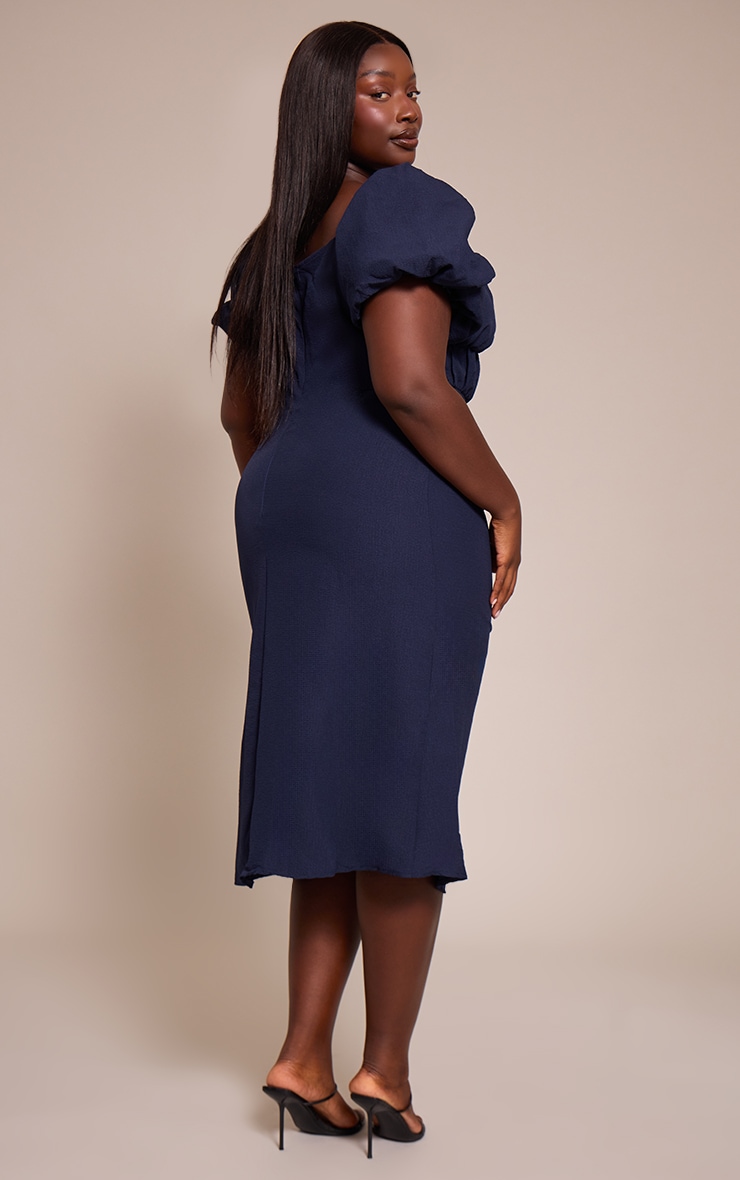 Plus Navy Puff Sleeve Ruched Split Side Midi Dress image 2