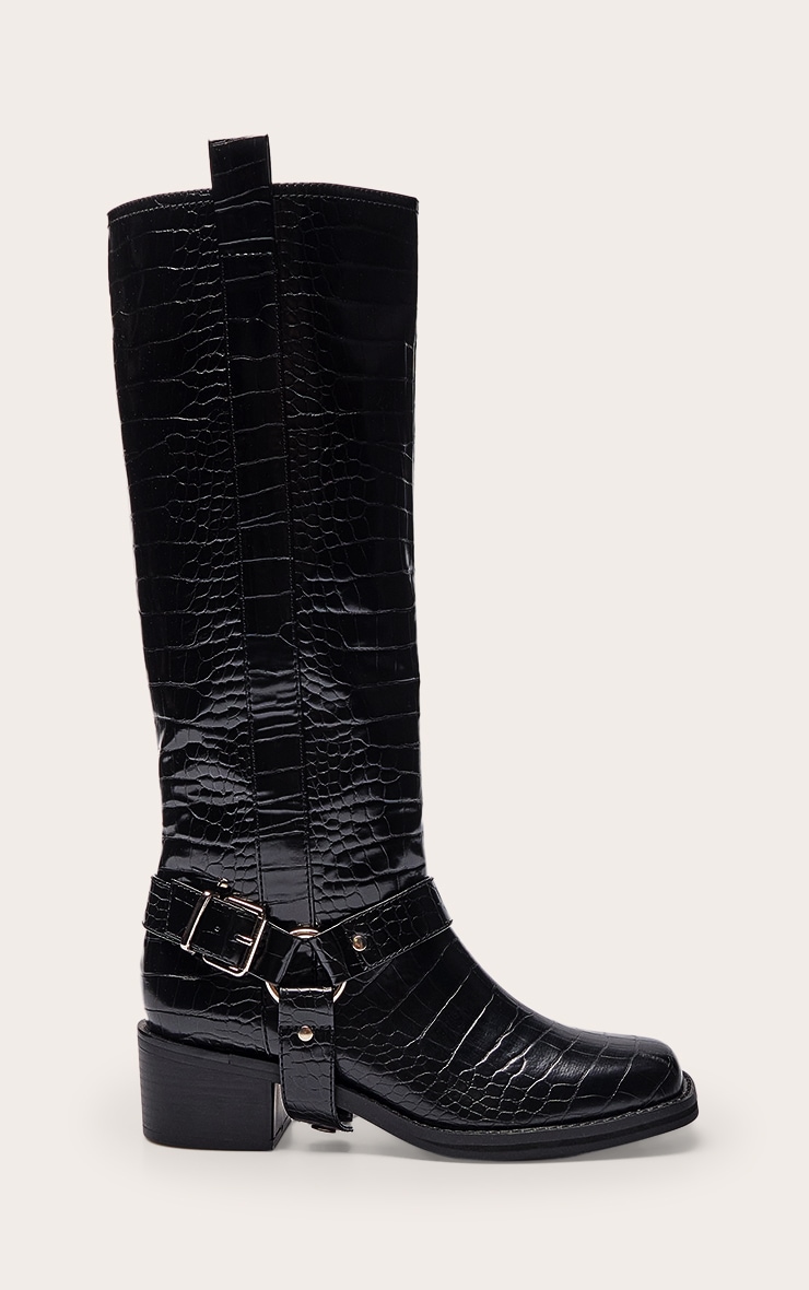 Black Croc Patent Buckle Detail Knee High Boots image 2