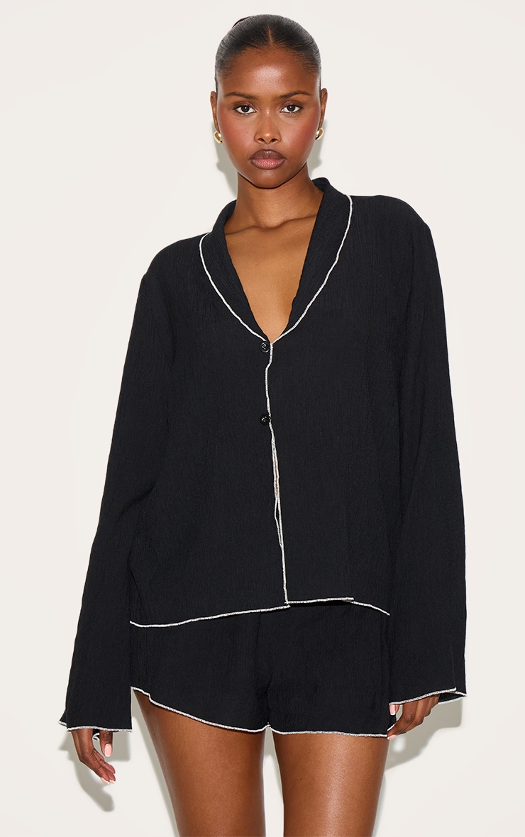 Black Linen Look Textured Contrast Trim Oversized Shirt image 1