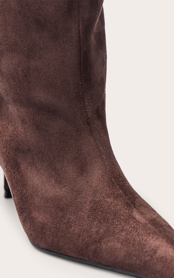 Chocolate Faux Suede Snipped Toe Low Heel Knee Boots image 5