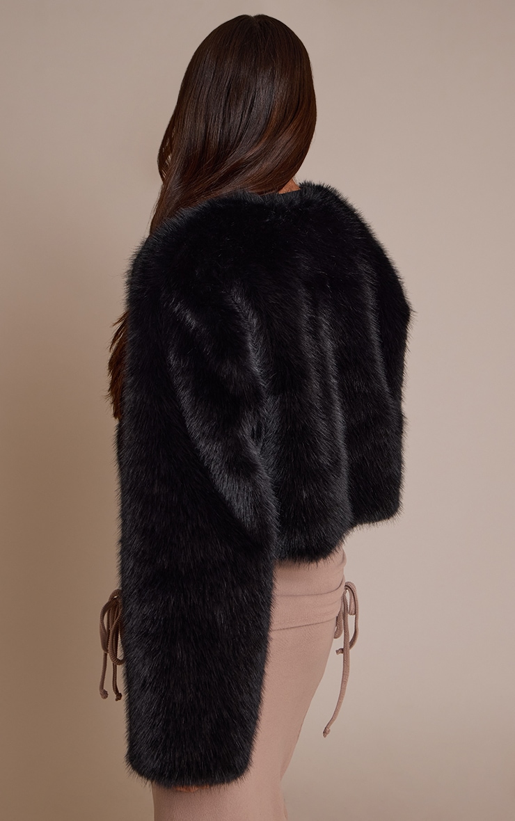 Black Cropped Faux Fur Coat image 2