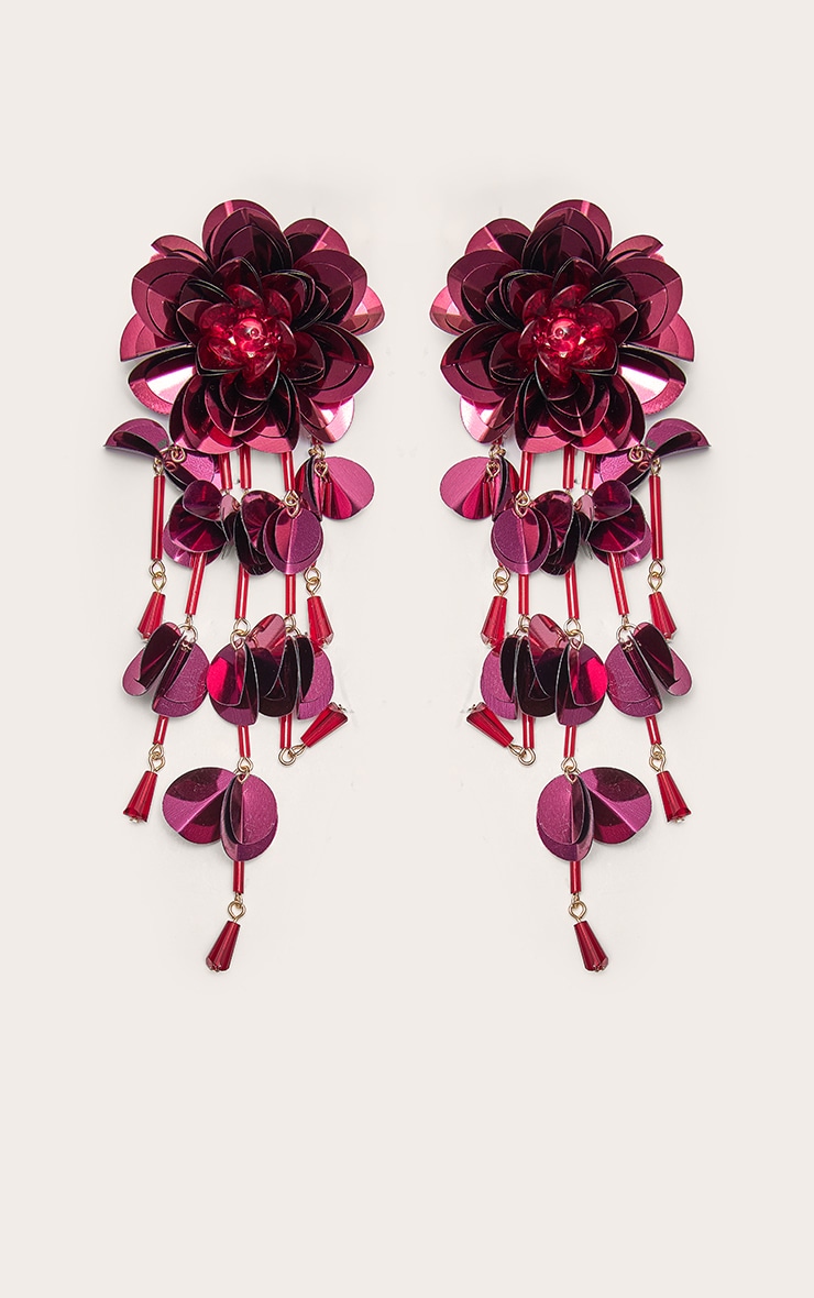 Fuchsia Flower Drop Sequin Statement Earrings image 2