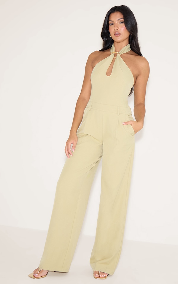 Sage Woven Halterneck Trim Wide Leg Jumpsuit