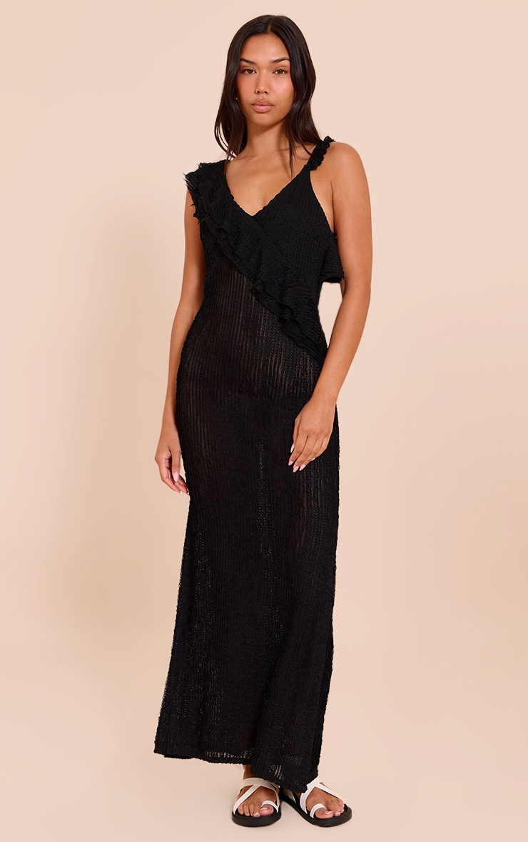 Black Textured Asymmetric Neck Maxi Dress image 1