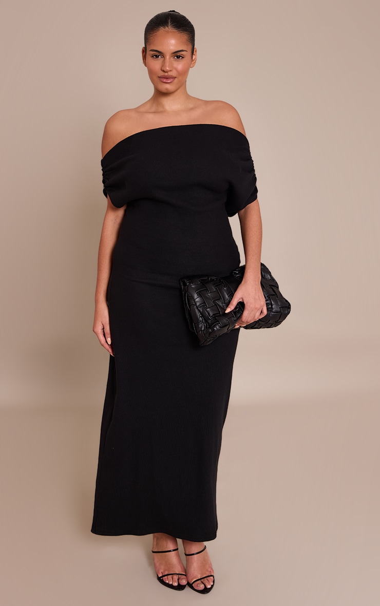 Plus Black Brushed Rib Asymmetric Ruched Detail Maxi Dress image 1