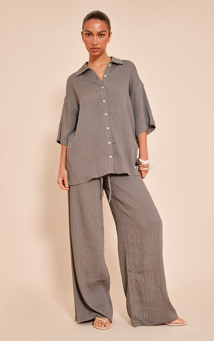 Charcoal Textured Woven Oversized Short Sleeve Shirt image 3