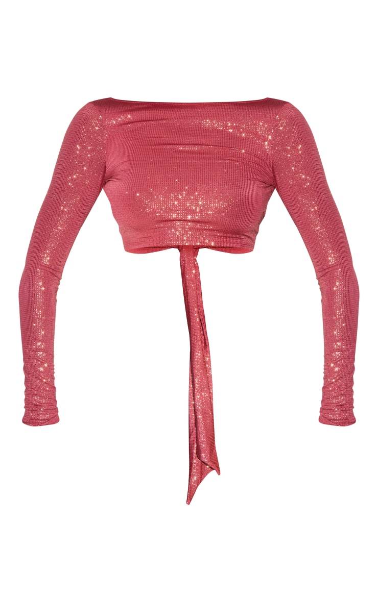 Pink Glitter Long Sleeve Tie Back Crop Top image 5