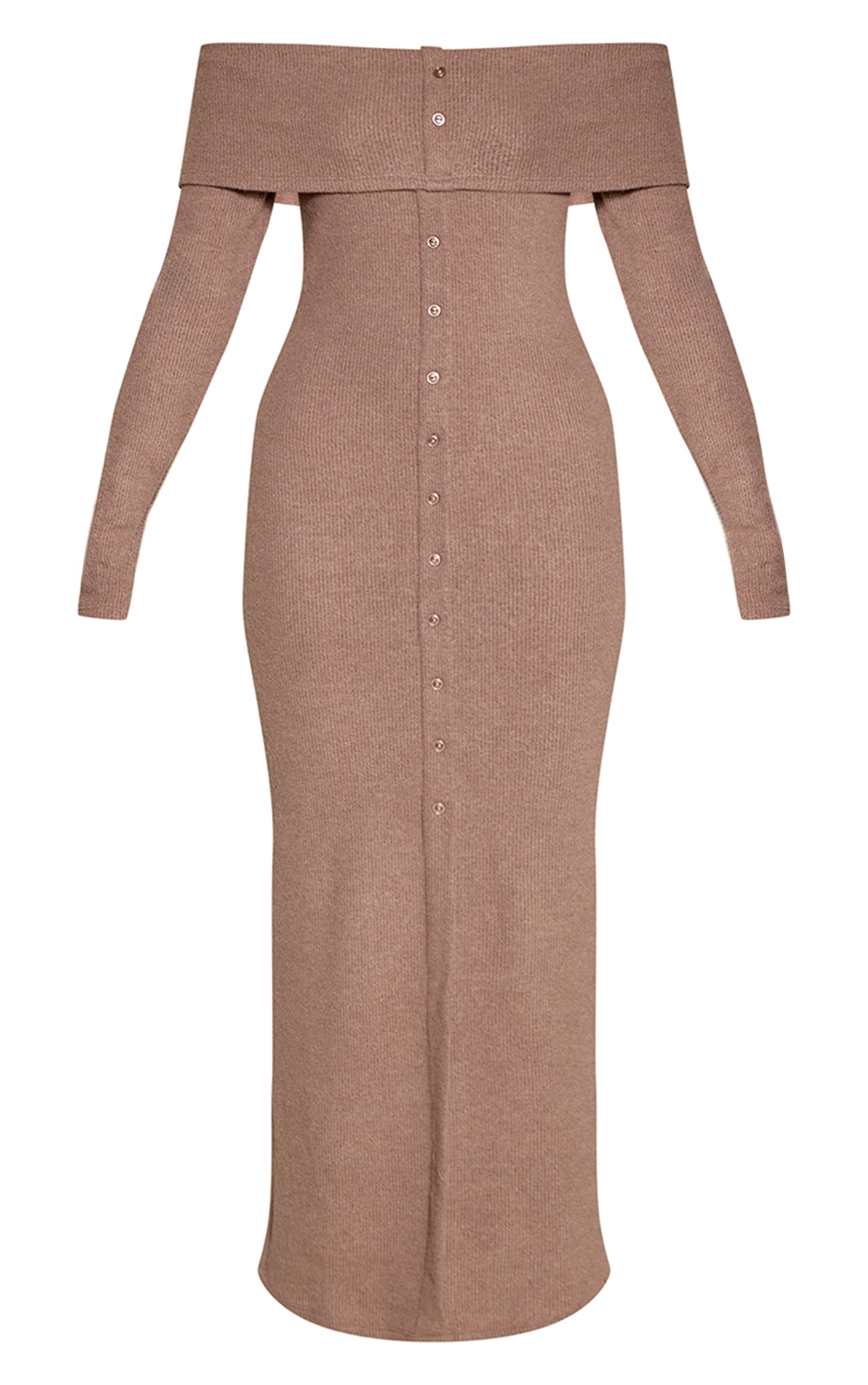 Taupe Ribbed Bardot Button Down Maxi Dress image 5