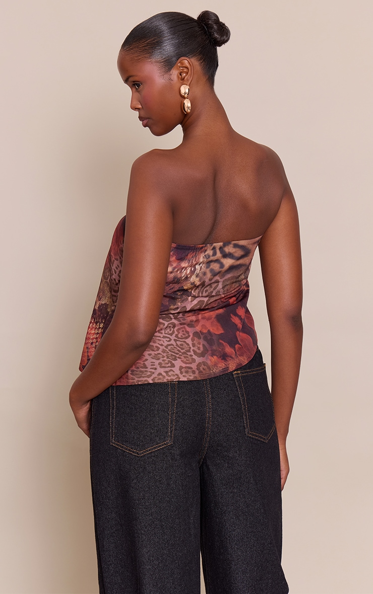 Brown Abstract Animal Print Bandeau Chiffon Top image 2