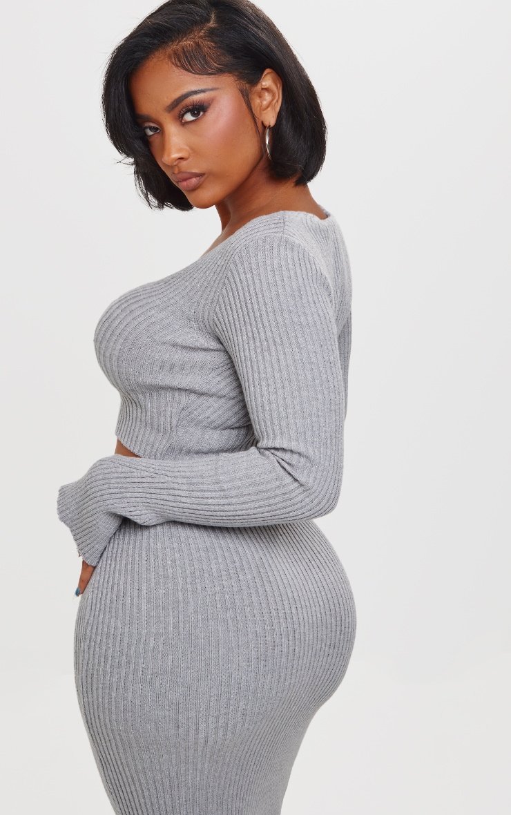 Shape Grey Knit Ribbed Long Sleeve Plunge Crop Top image 2