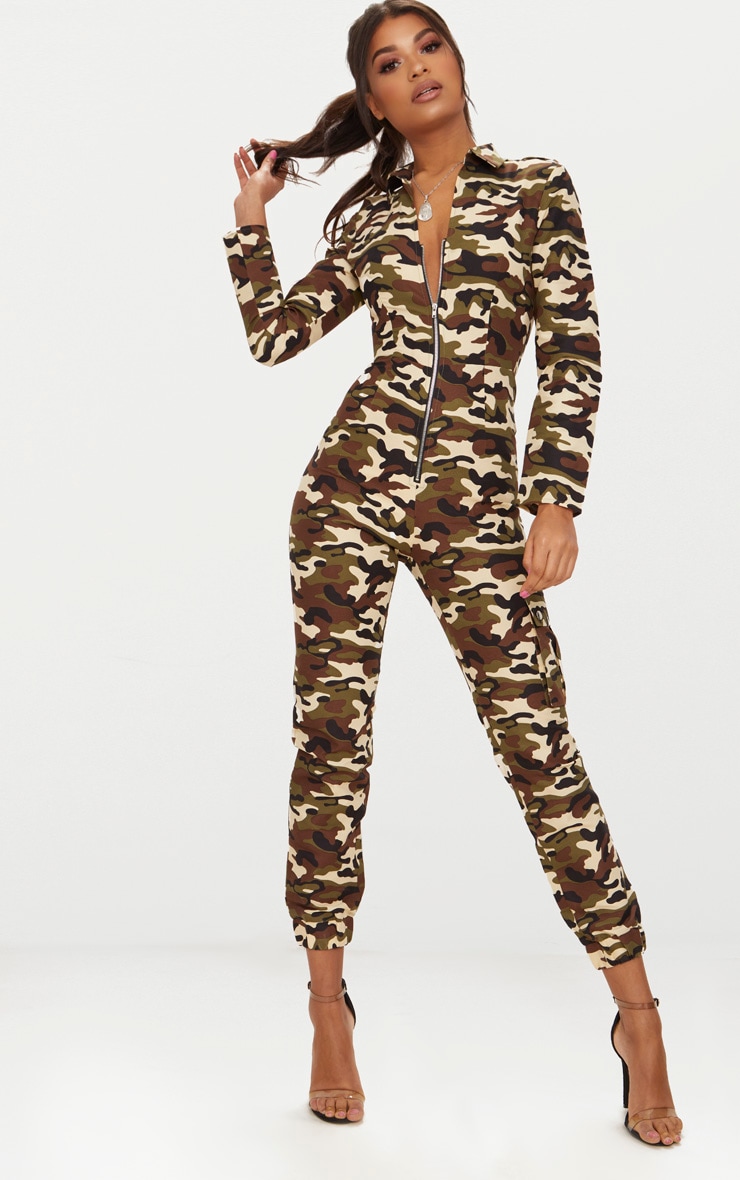 Camo Zip Through Utility Jumpsuit Jumpers PrettyLittleThing