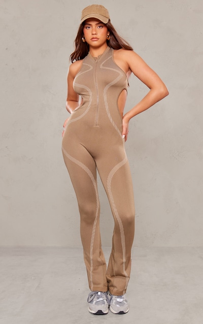 PRETTYLITTLETHING Nude Seamless Contrast Seam Cut Out Sleeveless Unitard