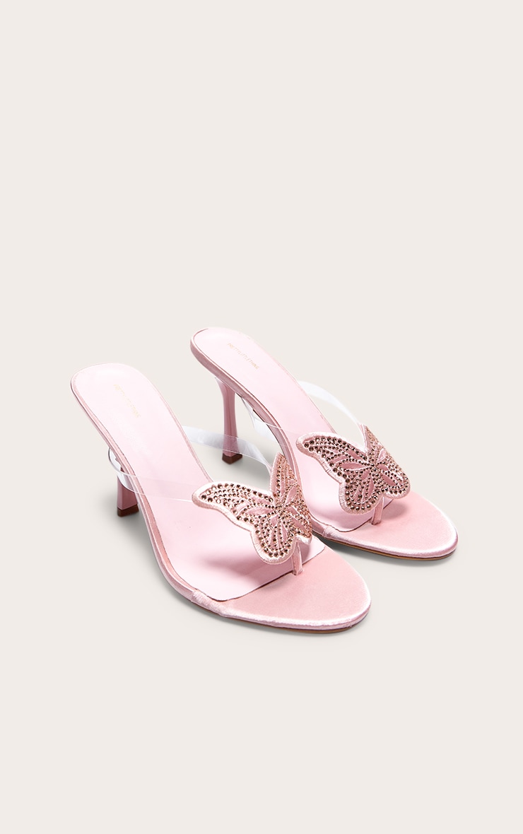 Pink Satin Round Toe Thong Diamante Butterfly Heeled Mules image 2
