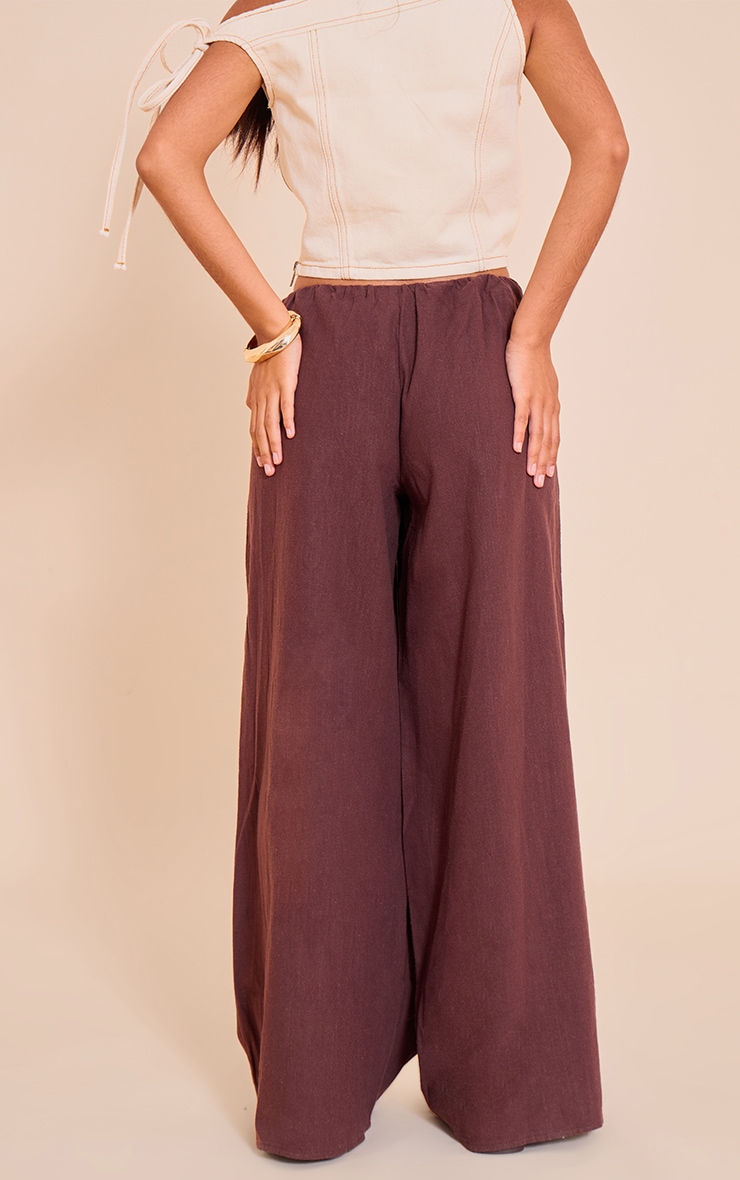 Petite Chocolate Premium Linen Look Wide Leg Side Tie Detail Pants image 3