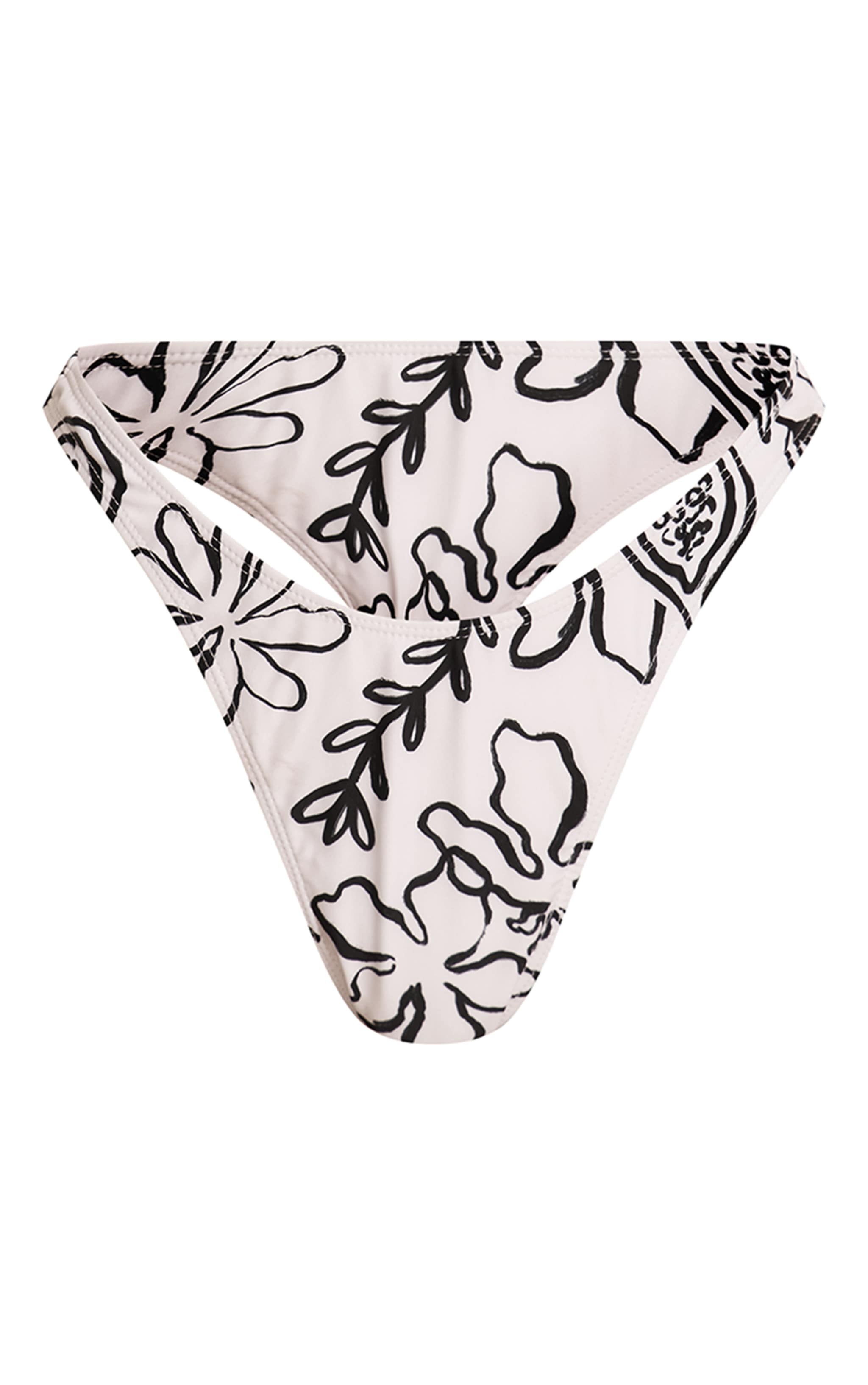 White Monochrome Floral Tanga Bikini Bottoms image 1