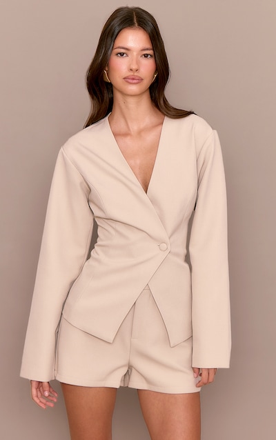 Blazer de tailleur asymétrique gris clair à taille cintrée