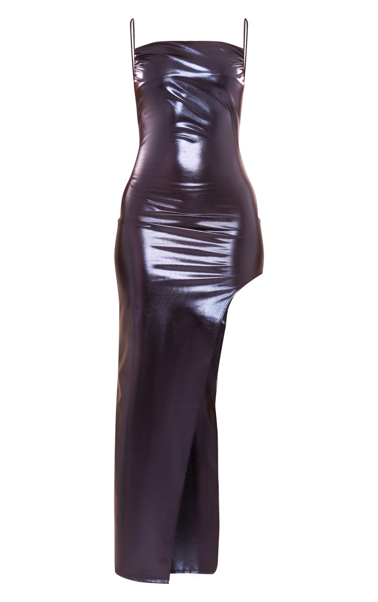 Dark Blue Skinny Strap Thigh Spilt Metallic Maxi Dress image 5