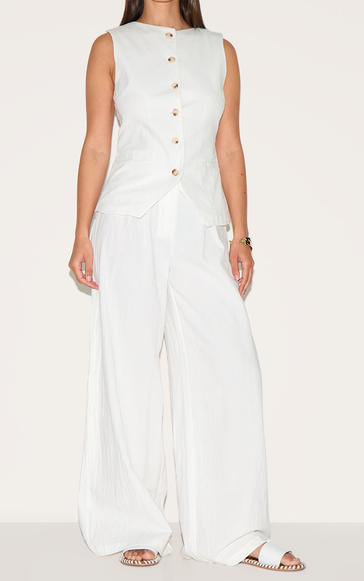 White Linen Look Wide Leg Pleated Pants image 2