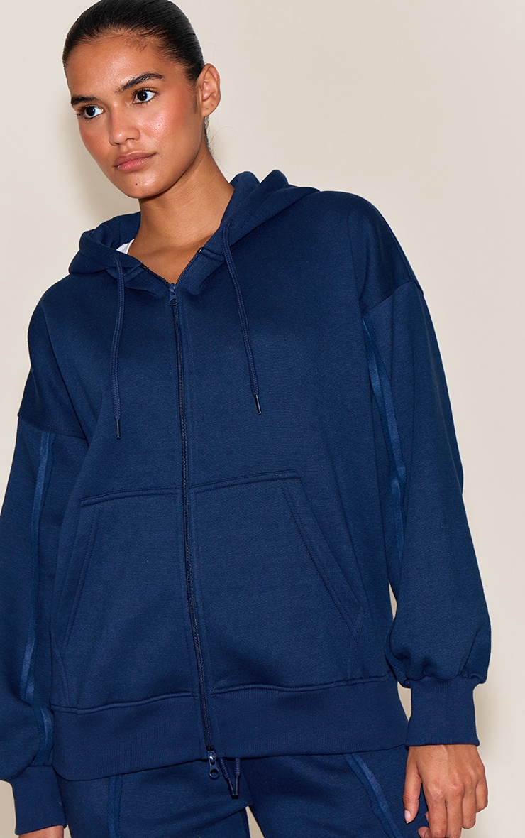 Navy Oversized Zip Through Seam Detail Hoodie image 1