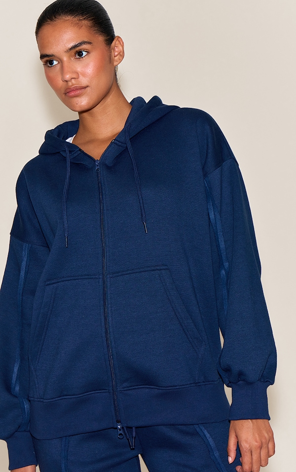 Navy Oversized Zip Through Seam Detail Hoodie