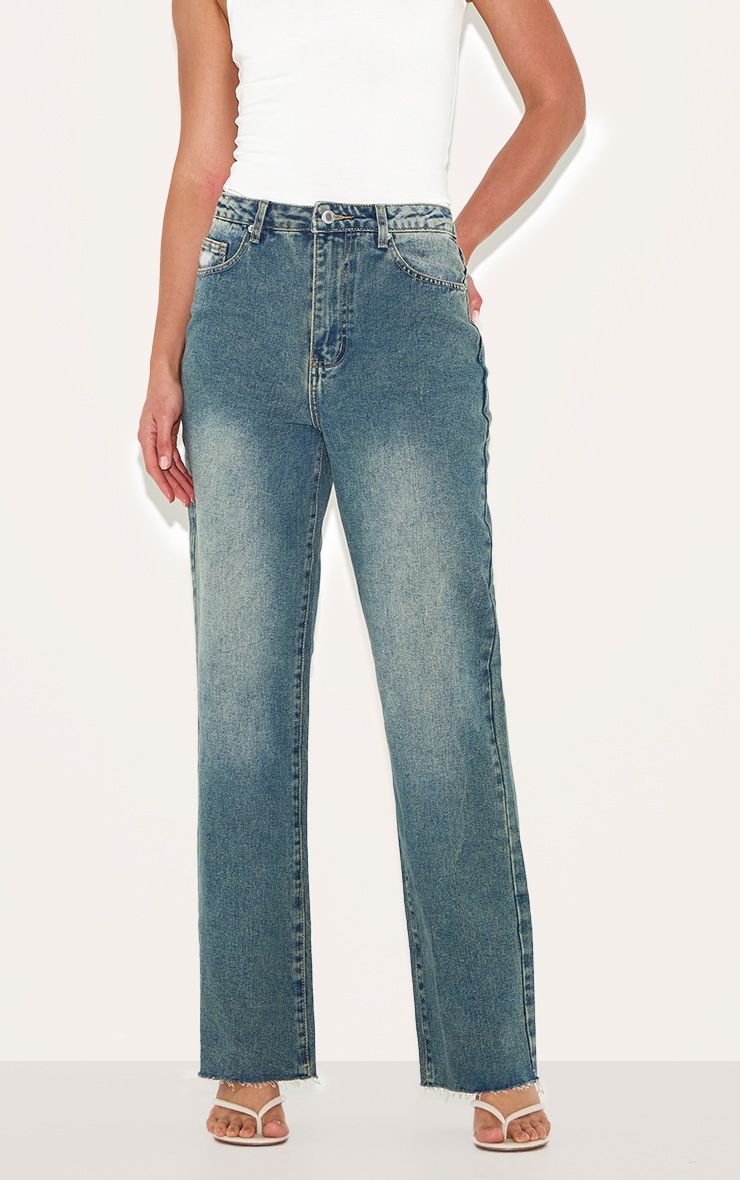 Jean large à ourlet effiloché, délavage indigo vintage, taille haute image 2