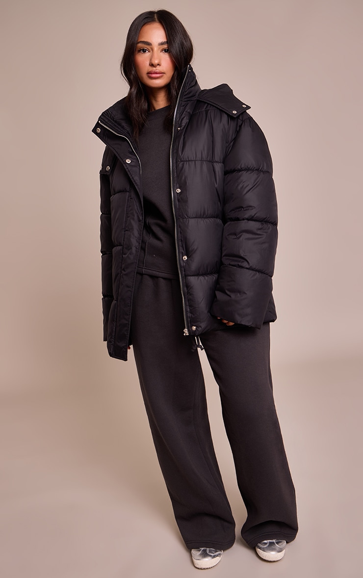 Petite Black Oversized Hooded Puffer Jacket image 3