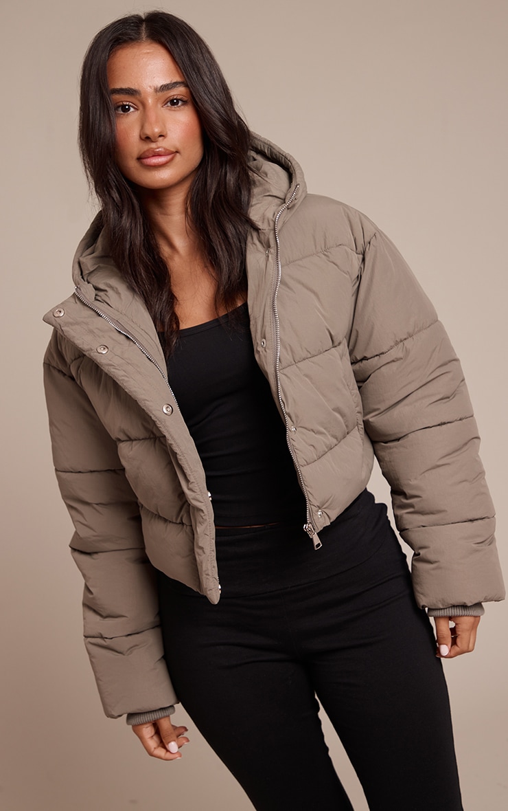 Petite Taupe Cropped Drawstring Puffer Jacket image 1