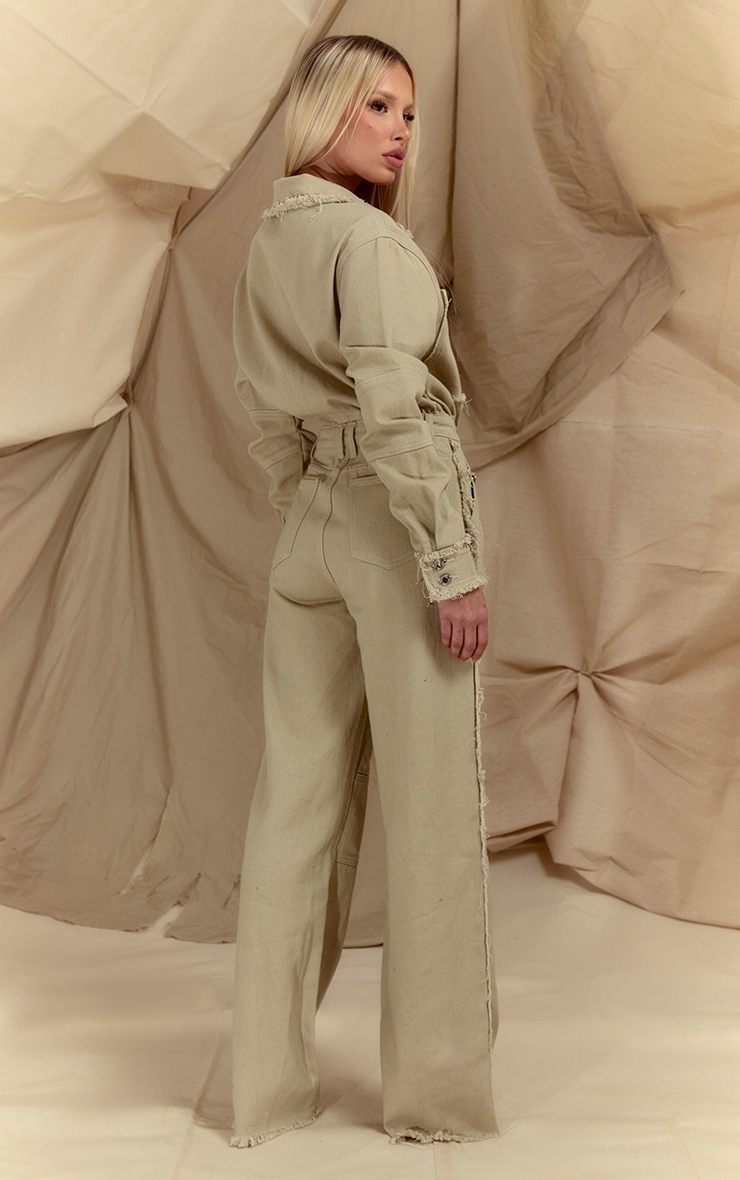 Beige Distressed Seam Detail Wide Leg Denim Jumpsuit image 2