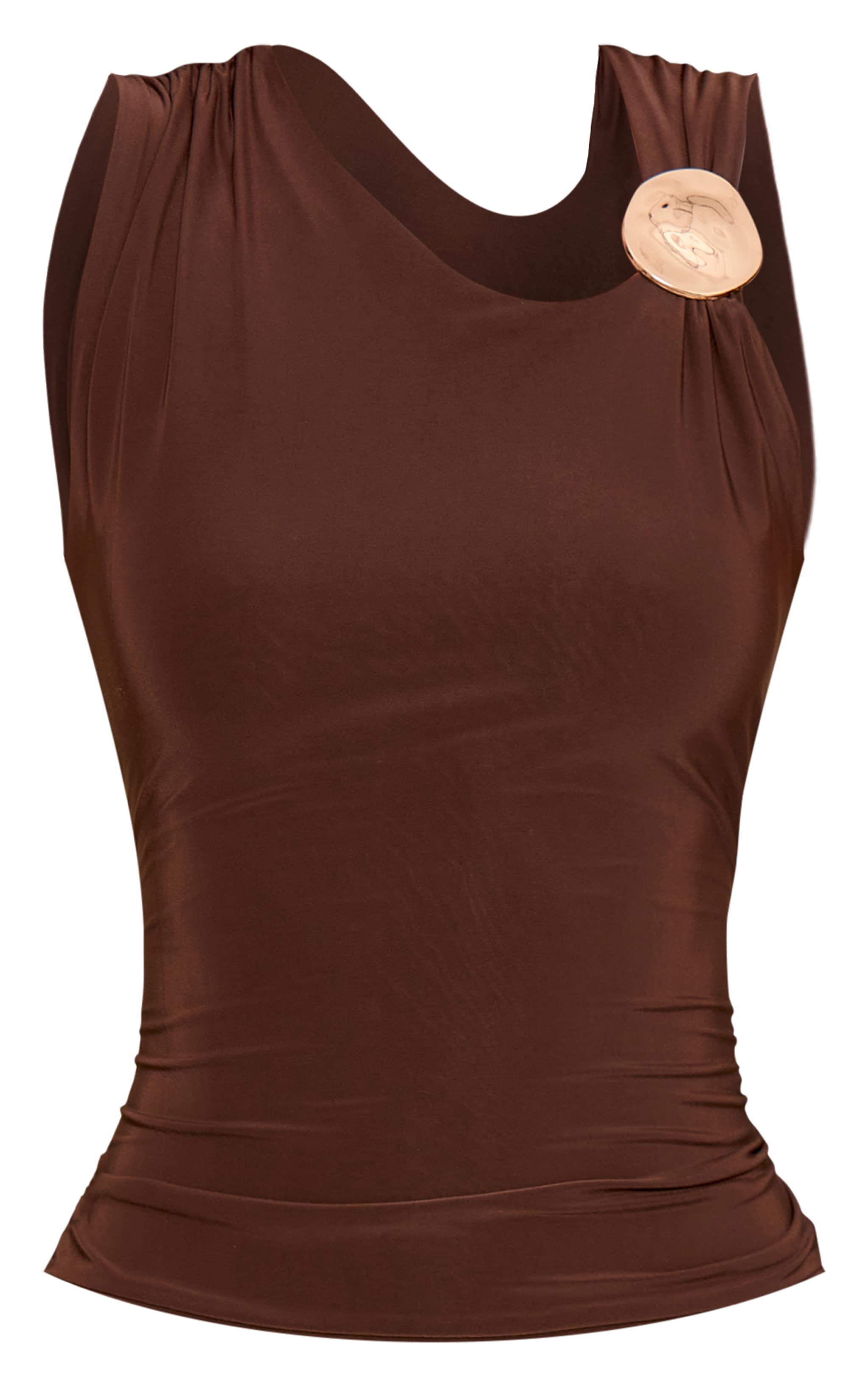 Chocolate Double Layer Slinky Chunky Trim Detail Long Top image 5