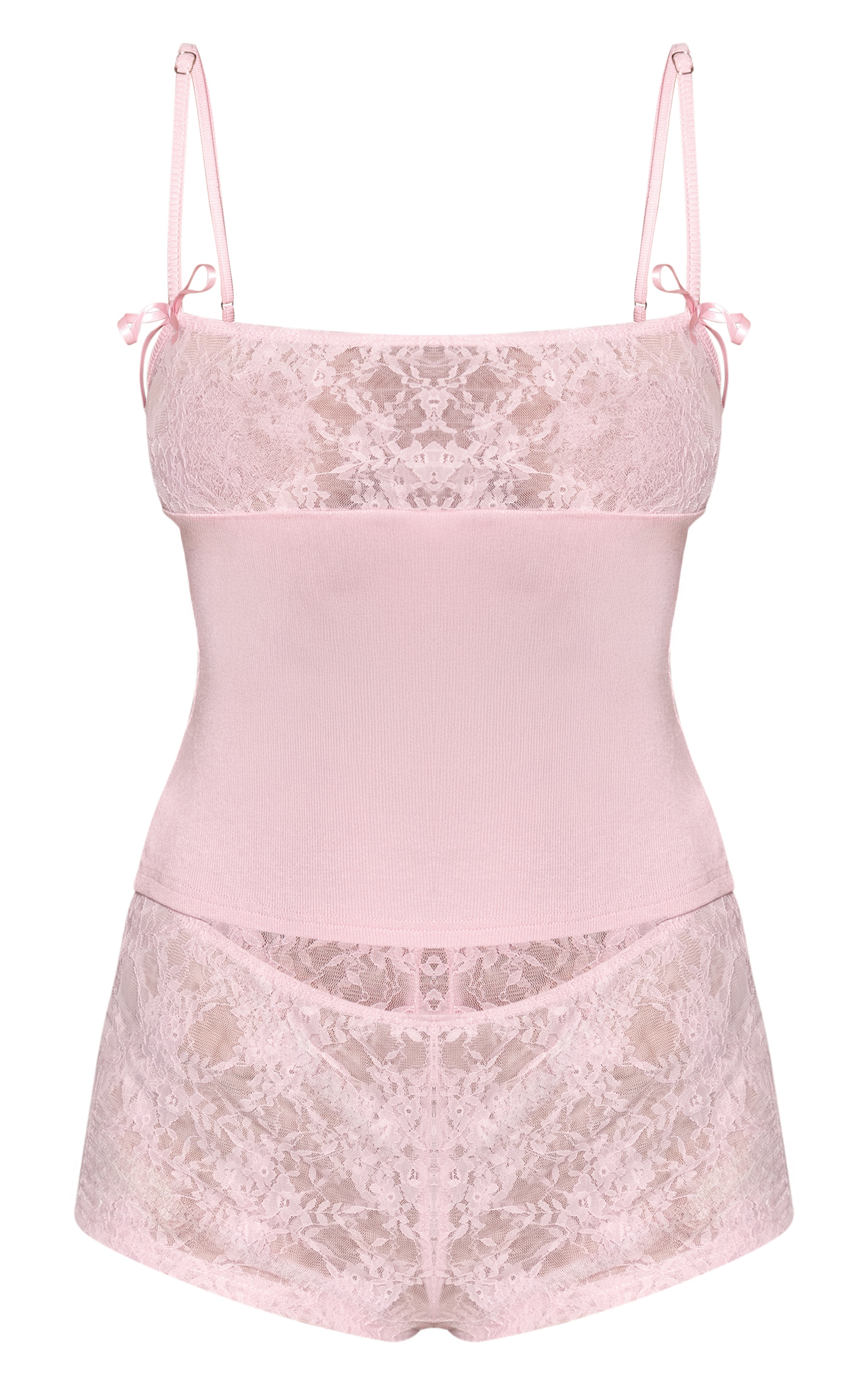 Baby Pink Lace Bust Bow Detail Fitted Pajama Cami & Lace Shorts image 5