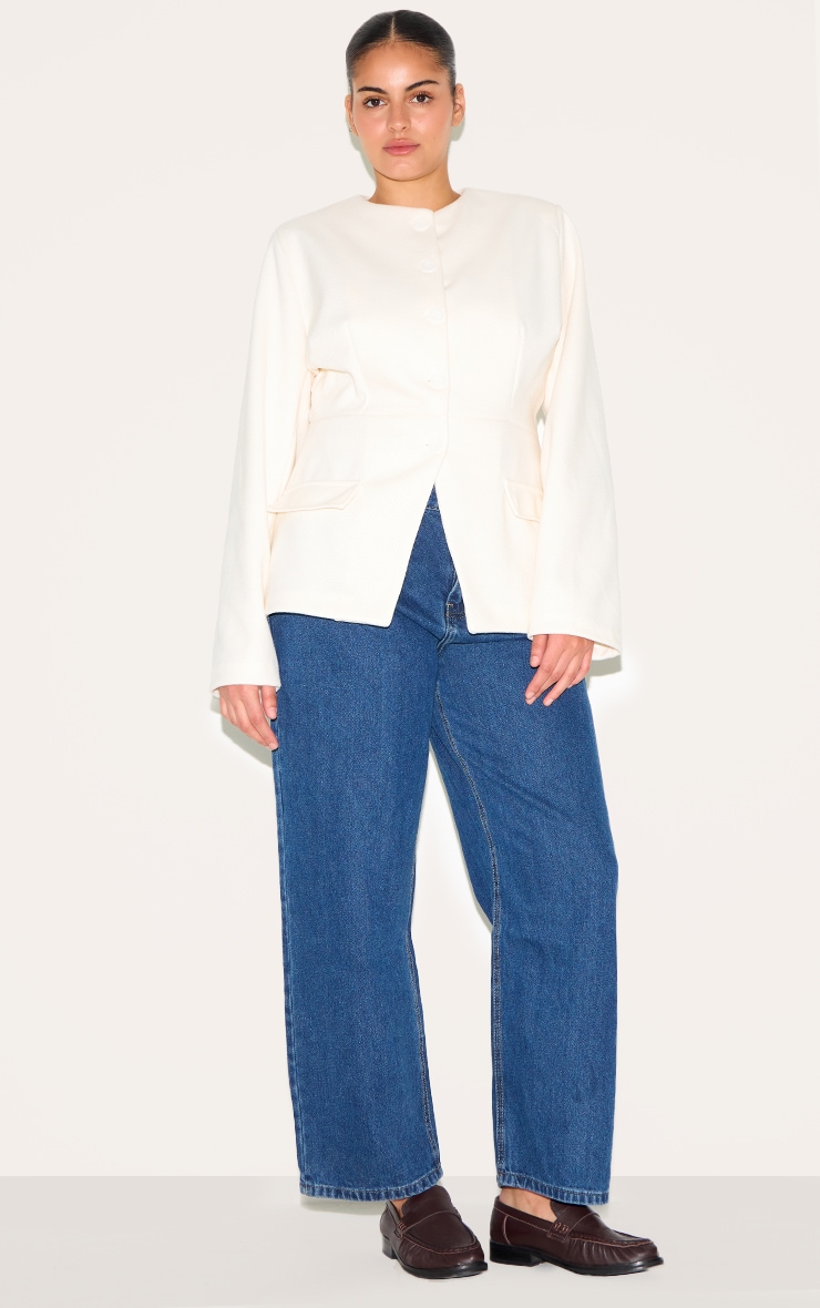 Blazer Long Modèle Crème Grande Taille Boutonné Sans Col image 3