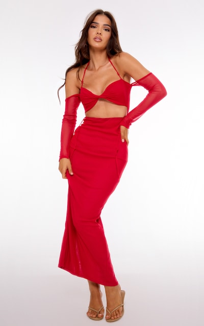 Red Mesh Cut Out Twist Detail Maxi Dress