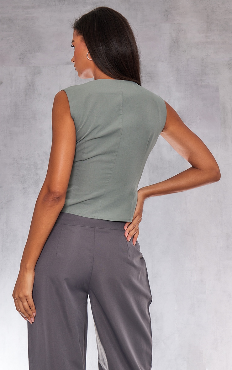 Green Woven Asymmetric Button Up Waistcoat image 2