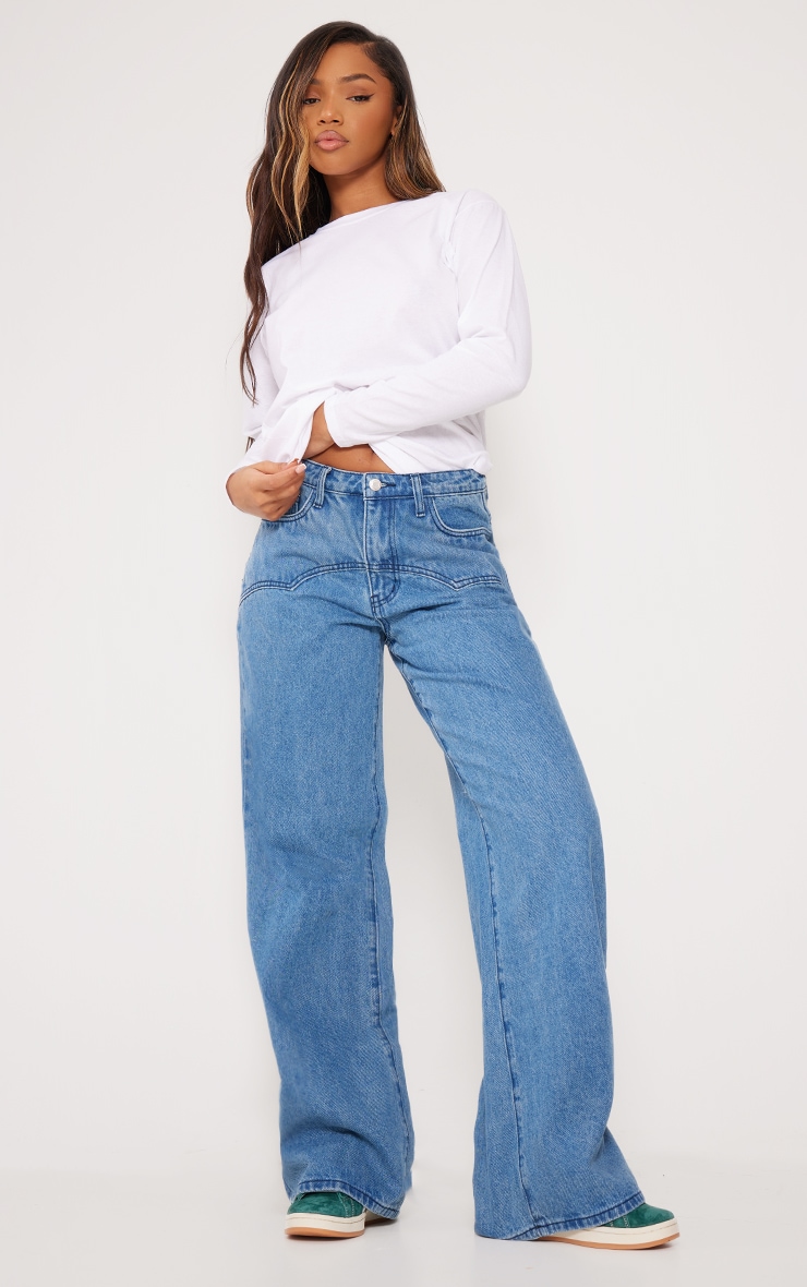 Mid Blue Wash Western Detail Wide Leg Jeans