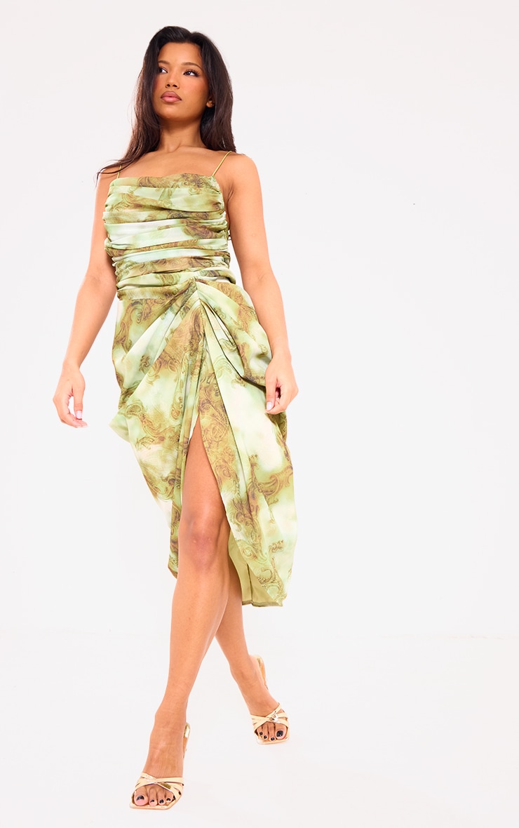 PrettyLittleThing.com Green Print Chiffon Ruched Drape Midi Dress