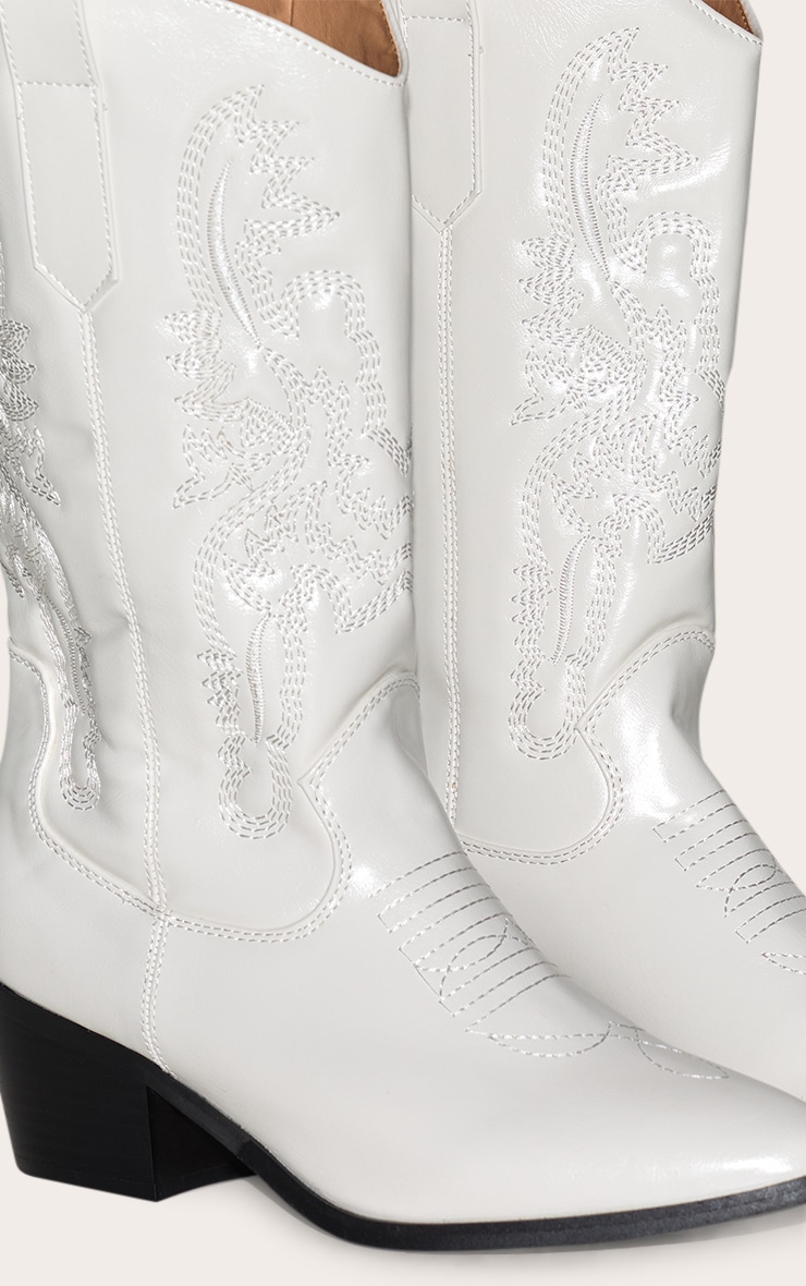 White Wide Fit Point Toe Stitching Heeled Ankle Cowboy Boots image 4