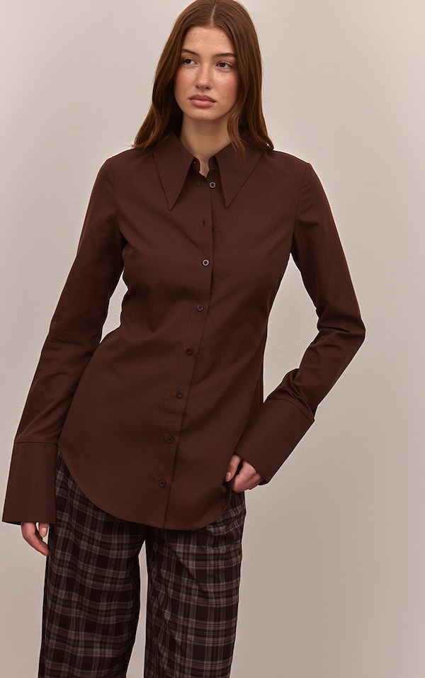 PLT Label Chemise ajustée chocolat à revers oversize et boutons